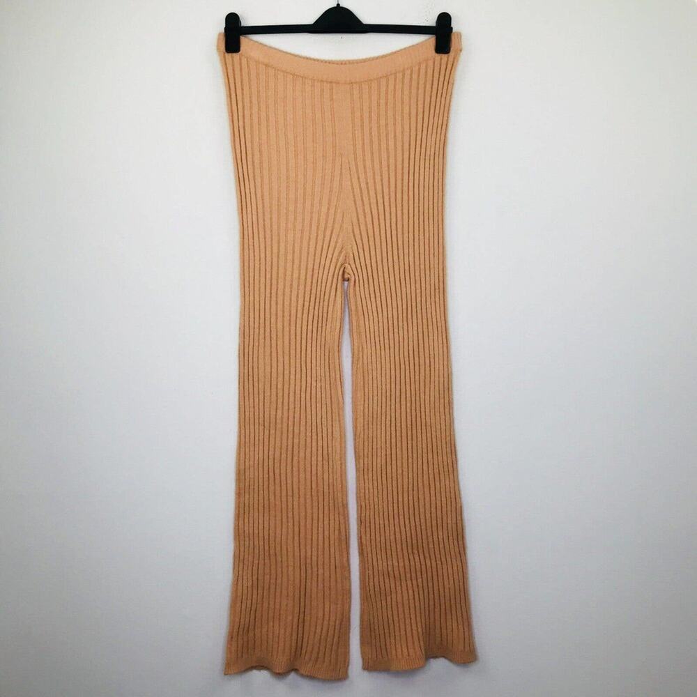 Wayf Women's XL Pants Pink Solid Ribbed Knit Flare Leg Pull On Stretch CG18